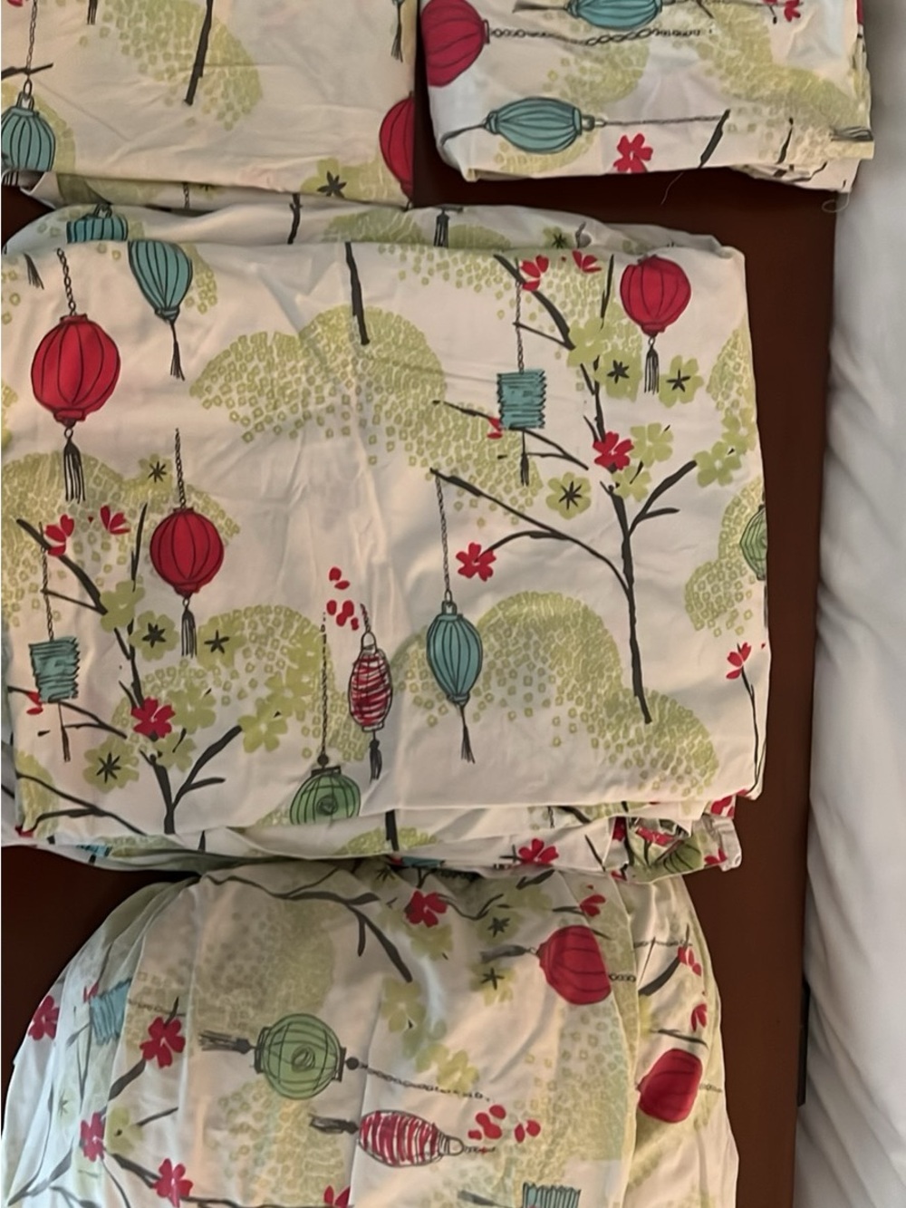 Garnet Hill Lantern & Blossom Pillowcases in White, Red & Teal